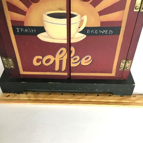 VTG Sunrise Coffee Storage Cabinet Hand-Painted Dual Doors Lid Wood Rustic Red - Picture 8 of 10